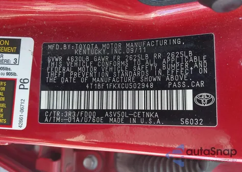 2012 Toyota Camry Le from USA, damaged, VIN 4T1BF1FKXCU502948